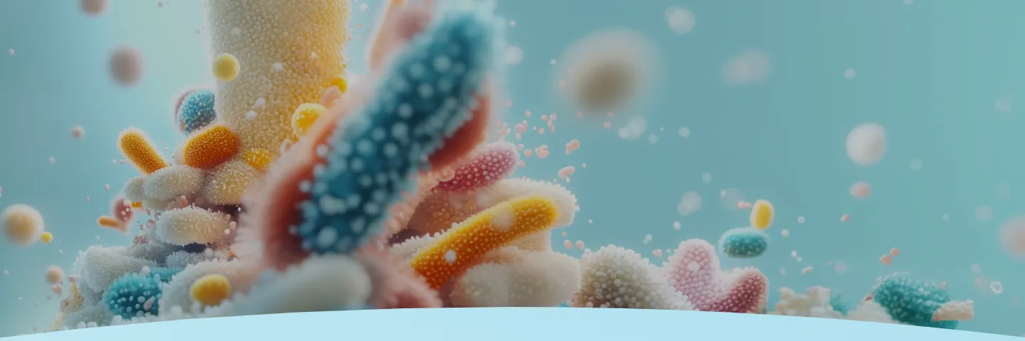 Visão microscópica colorida de bactérias e microorganismos.