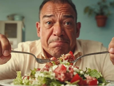 Homem segurando um garfo e uma colher, olhando para uma salada com uma expressão preocupada.