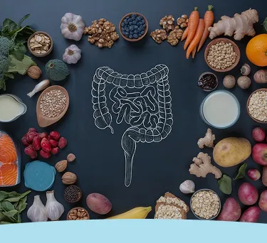 Ilustração de intestinos cercados por vários alimentos saudáveis, como frutas e legumes.