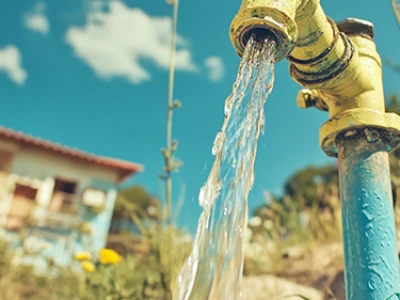 Água fluindo de uma torneira externa com uma casa e grama ao fundo.