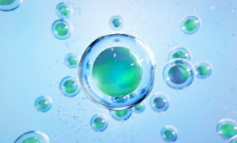 Representação gráfica de células ou esporos de probióticos em fundo azul claro. 