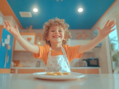 Criança abrindo os braços alegremente em uma sala bem iluminada com teto azul. 