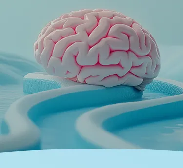 Um modelo de um cérebro em uma superfície abstrata azul.