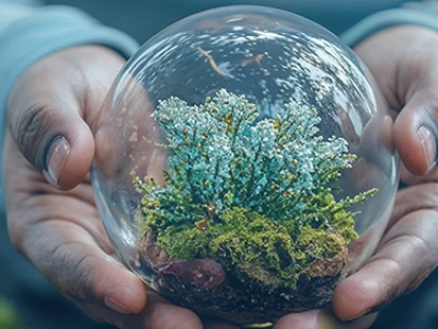 Mãos segurando um globo de vidro com pequenas plantas dentro.