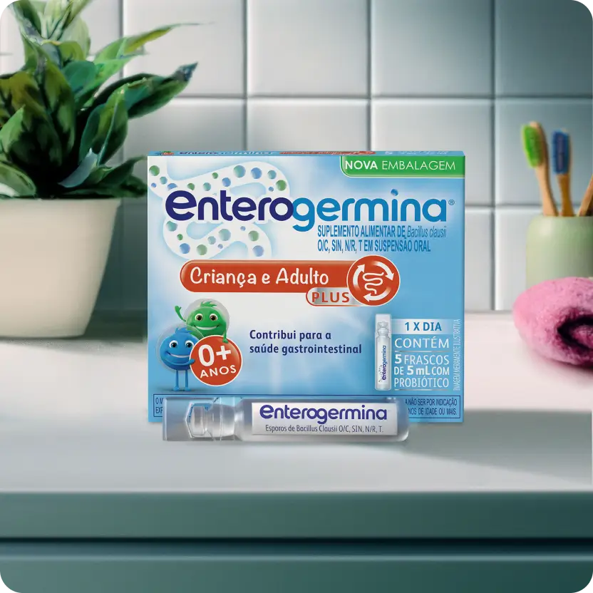 Enterogermina Plus Criança e Adulto, suplemento probiótico oral com 5 frascos de 5ml para saúde intestinal.