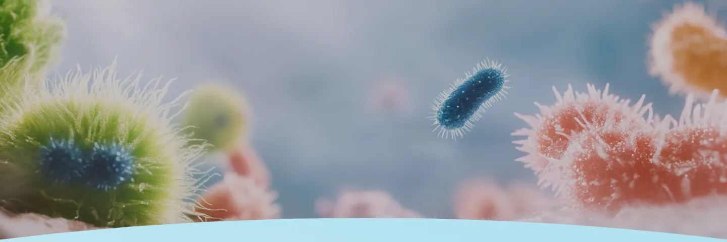 Bactérias microscópicas coloridas com projeções semelhantes a cabelos em um fundo desfocado.