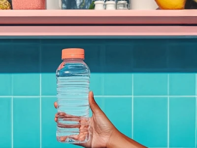 Mão segurando uma garrafa plástica transparente com uma tampa laranja em frente a uma parede de azulejos turquesa.