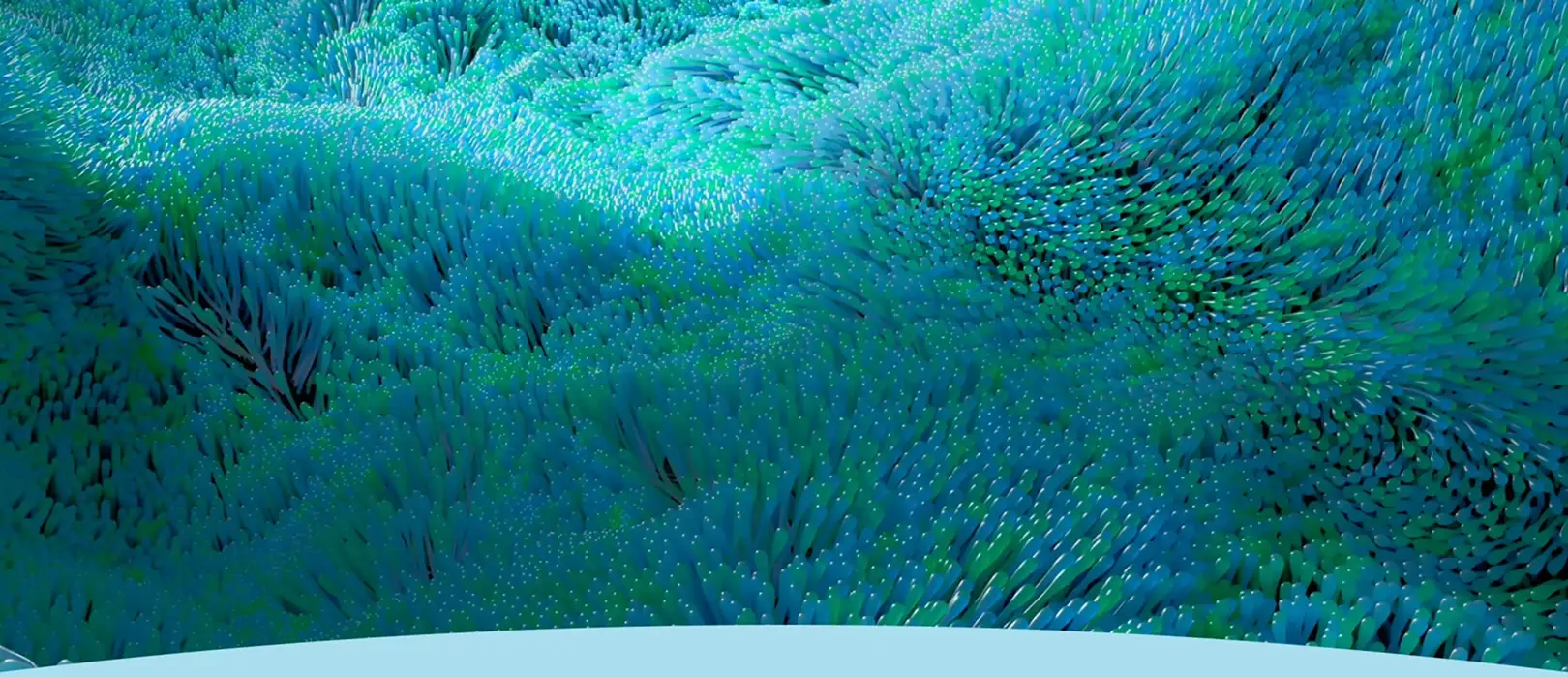 Textura orgânica abstrata em tons de azul e verde, parecendo micro-organismos ou campos subaquáticos.