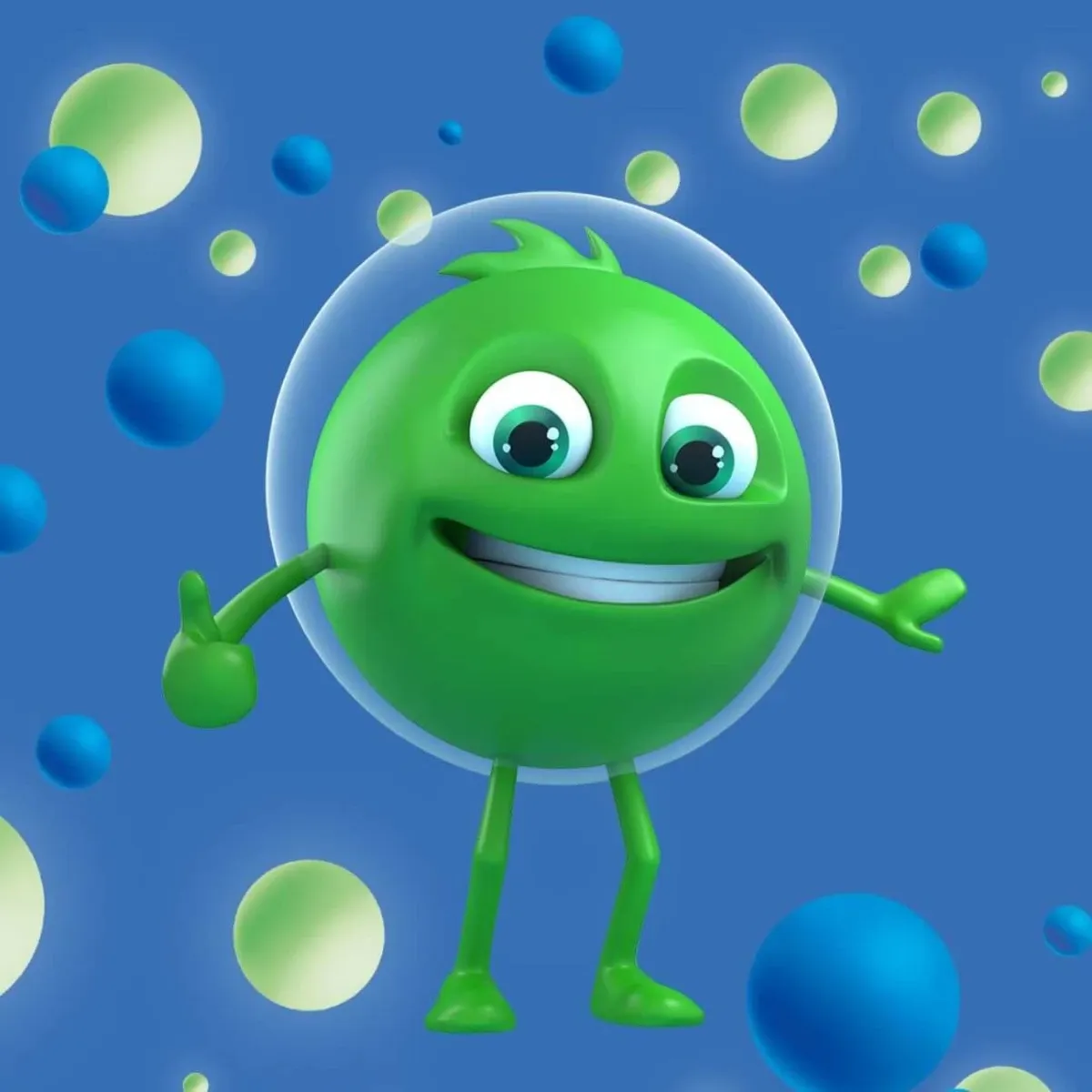 Ilustração de uma bactéria do bem, na cor verde, que mora dentro dos flaconetes de Enterogermina