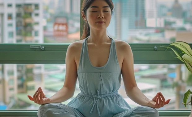 Pessoa meditando em uma postura sentada ao lado de uma grande janela com vista para a cidade.