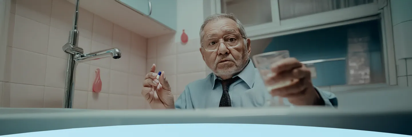 Homem idoso segurando uma cápsula de medicamento e um copo de água em uma cozinha.