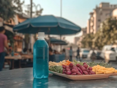 Uma garrafa de bebida azul e um prato de legumes fatiados em uma mesa ao ar livre.