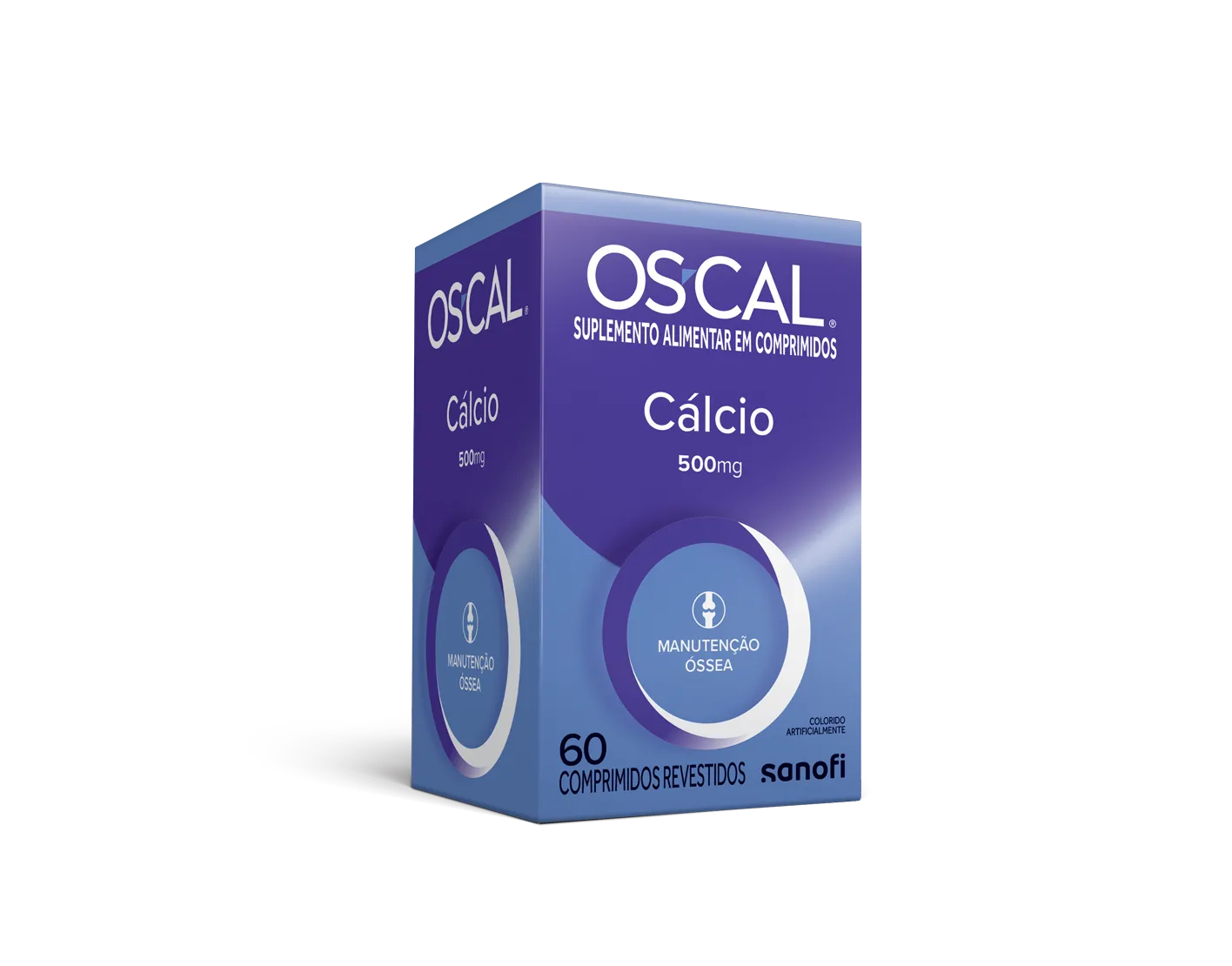 Visão em perspectiva da embalagem azul do suplemento Oscal® Cálcio 500mg.
