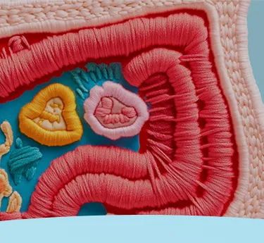 Peça de arte têxtil com uma representação colorida e abstrata de intestinos.
