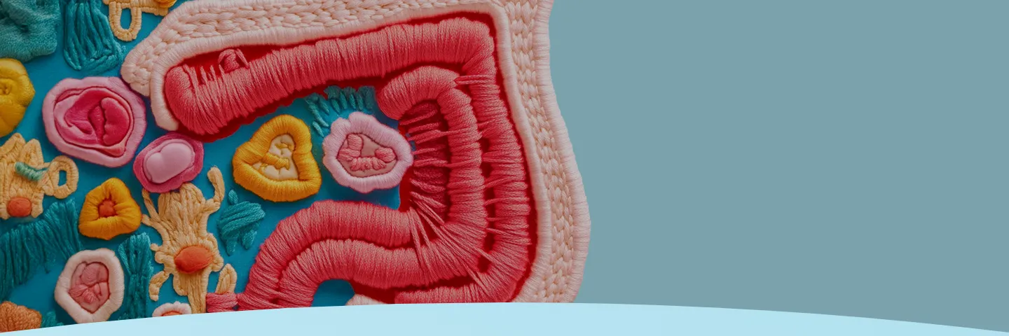 Peça de arte têxtil com uma representação colorida e abstrata de intestinos.