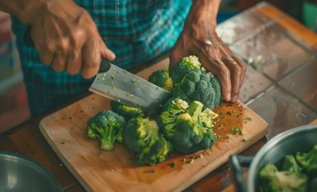 Pessoa cortando brócolis em uma tábua de madeira com uma faca.