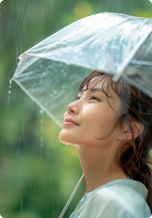 Uma pessoa sob um guarda-chuva transparente desfrutando de uma chuva suave.