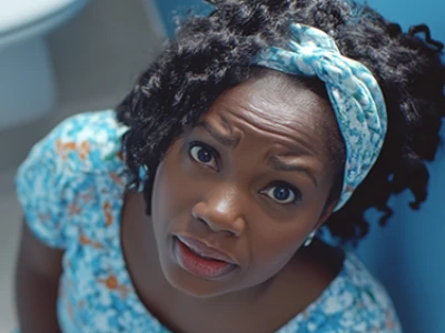 Mulher com vestido floral olha para cima com uma expressão ansiosa.