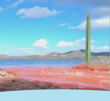 Paisagem do deserto com cactos e água vermelha fluindo para um lago azul, com montanhas ao fundo.