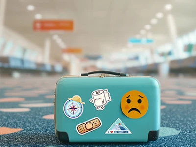 Mala azul-petróleo com adesivos de viagem no chão do aeroporto.