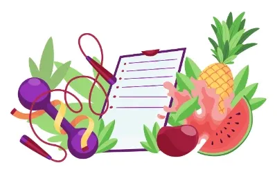 ilustração com frutas e legumes, indicando uma reeducação alimentar.