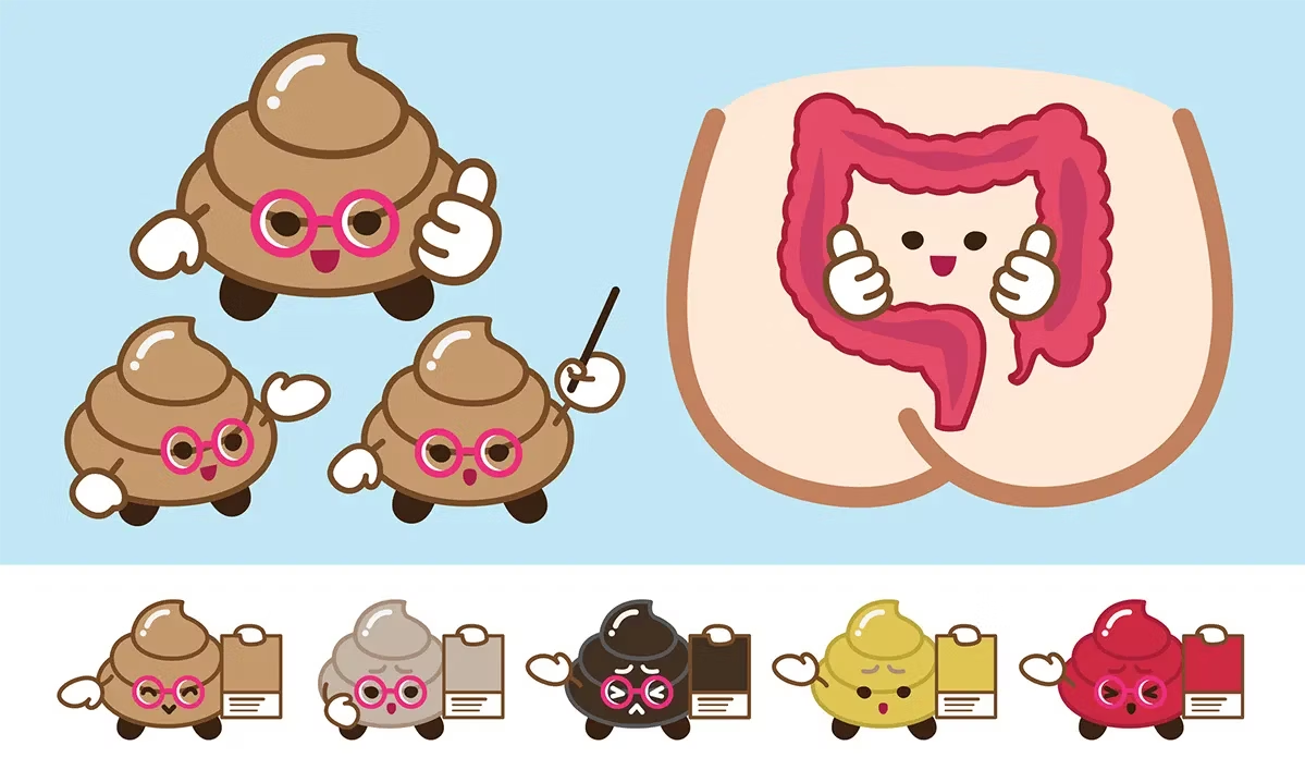 Popós animadas de diferentes colores y tonos, representando la variedad en la apariencia de las heces y su relación con la salud digestiva.