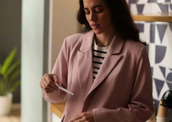Mulher com blazer rosa segurando um pequeno objeto em um ambiente interno moderno.