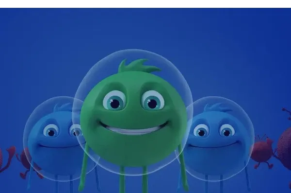 Personagens animados verdes e azuis com grandes olhos e sorrisos.