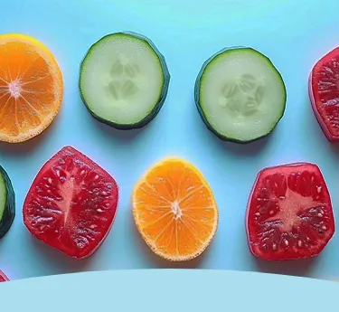 Fatias de laranjas, pepinos e tomates em um fundo azul.