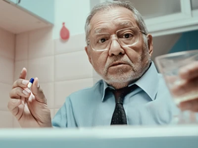 Homem idoso segurando uma cápsula e um copo de água em uma cozinha.