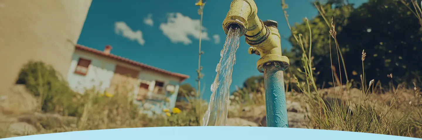 Água fluindo de uma torneira externa com uma casa e grama ao fundo.