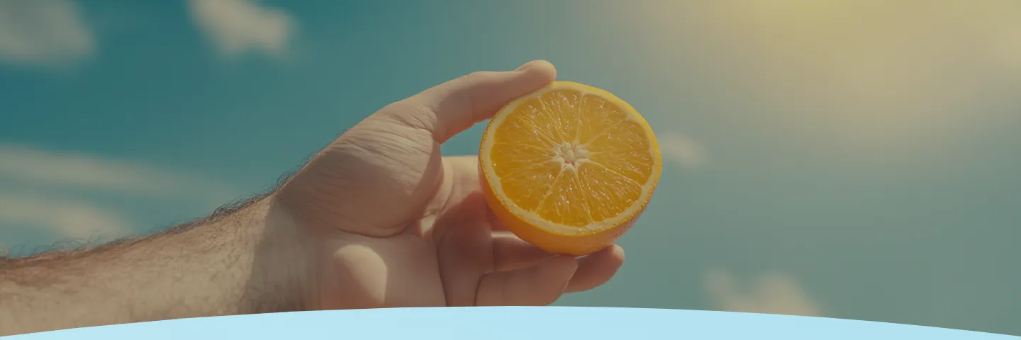 Mão segurando uma laranja cortada ao meio em um fundo de céu azul.