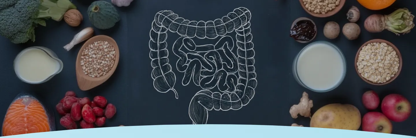 Ilustração de intestinos cercados por vários alimentos saudáveis, como frutas e legumes.