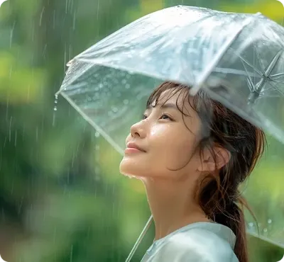 Uma mulher sob um guarda-chuva olhando para o alto.