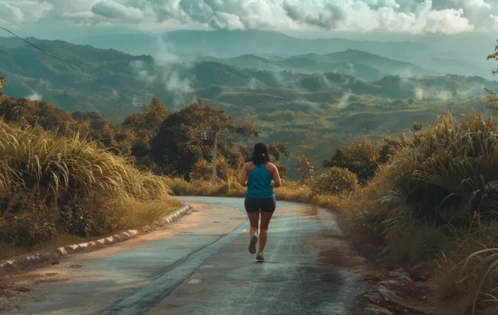 Uma pessoa corre em uma estrada panorâmica com exuberantes colinas verdes ao fundo.