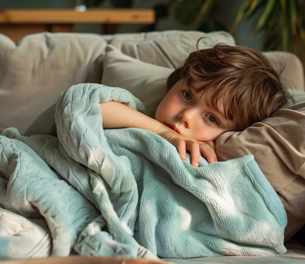 Criança descansando em um sofá com um cobertor azul claro.