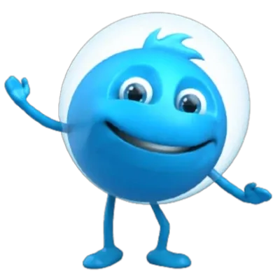 Mascote azul sorridente com braços estendidos e olhos grandes.