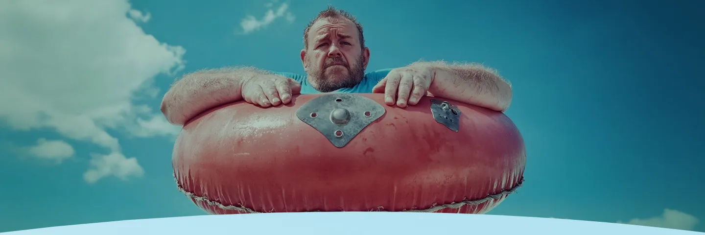 Um homem deitado em uma grande boia salva-vidas vermelha contra um céu azul.