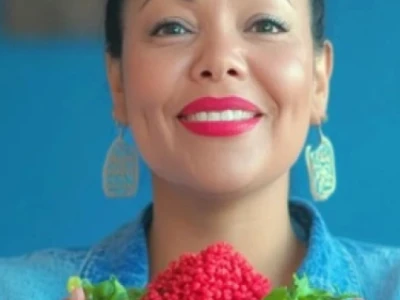 Uma mulher sorridente.