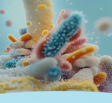 Visão microscópica colorida de bactérias e microorganismos.