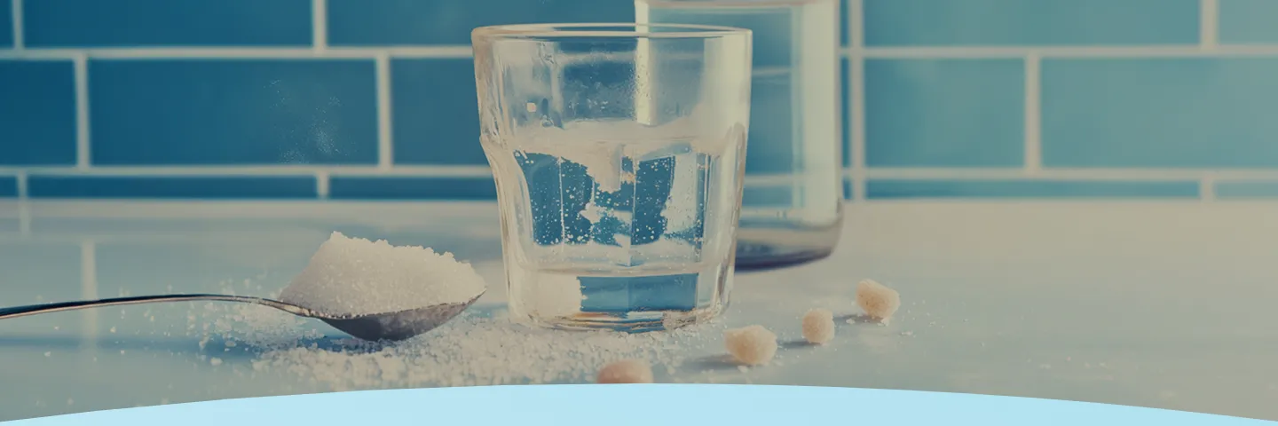 Copo de água com açúcar, colher e garrafa em um balcão de cozinha com fundo de azulejo azul.