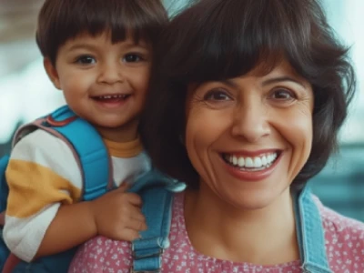 Mulher e criança sorridentes com mochilas, expressão feliz. 