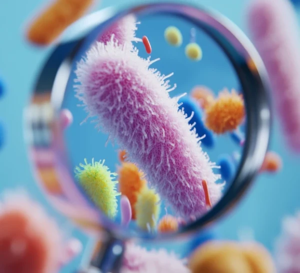 Visão microscópica colorida de bactérias e micro organismos.