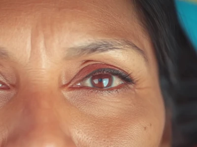 Close-up dos olhos de uma mulher em um fundo azul.