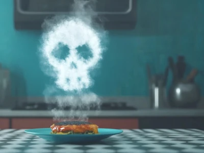 O vapor de um prato de comida forma uma caveira acima de um prato em um balcão de cozinha.