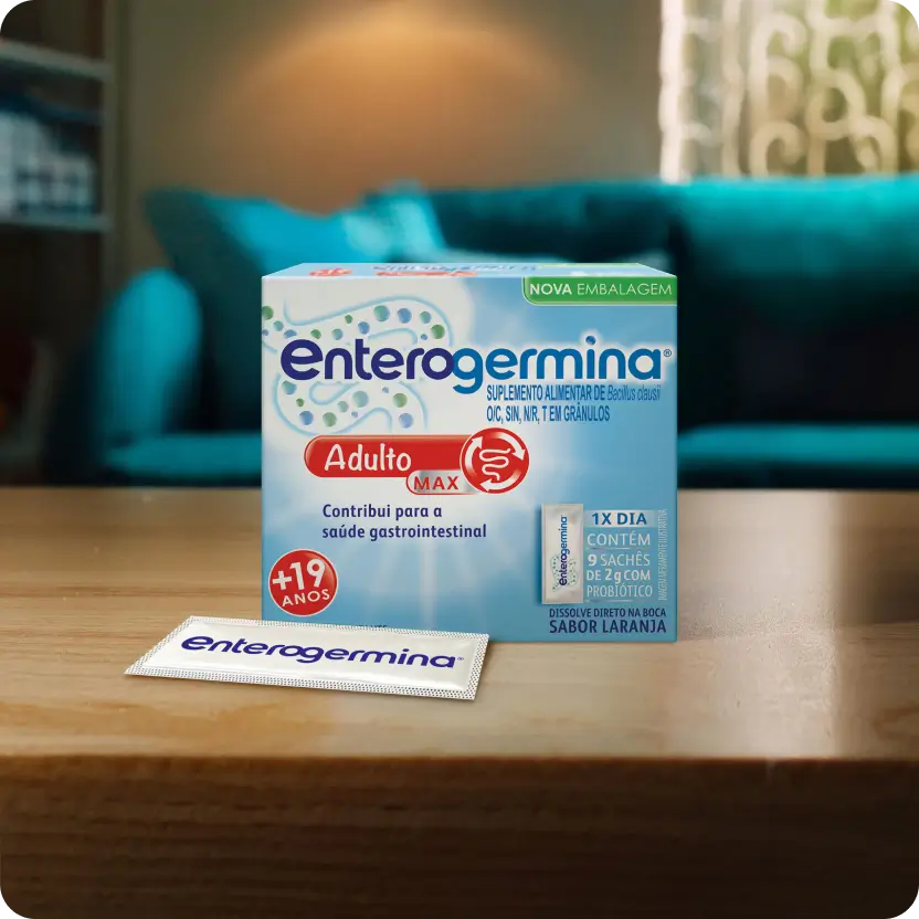 Enterogermina Adulto MAX Sabor Laranja. 9 sachês de 2g de probiótico. Para maiores de 19 anos.