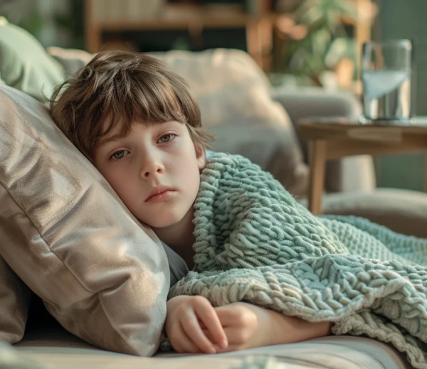 Criança deitada em um sofá, enrolada em um cobertor verde, parecendo cansada e descansando em um travesseiro.