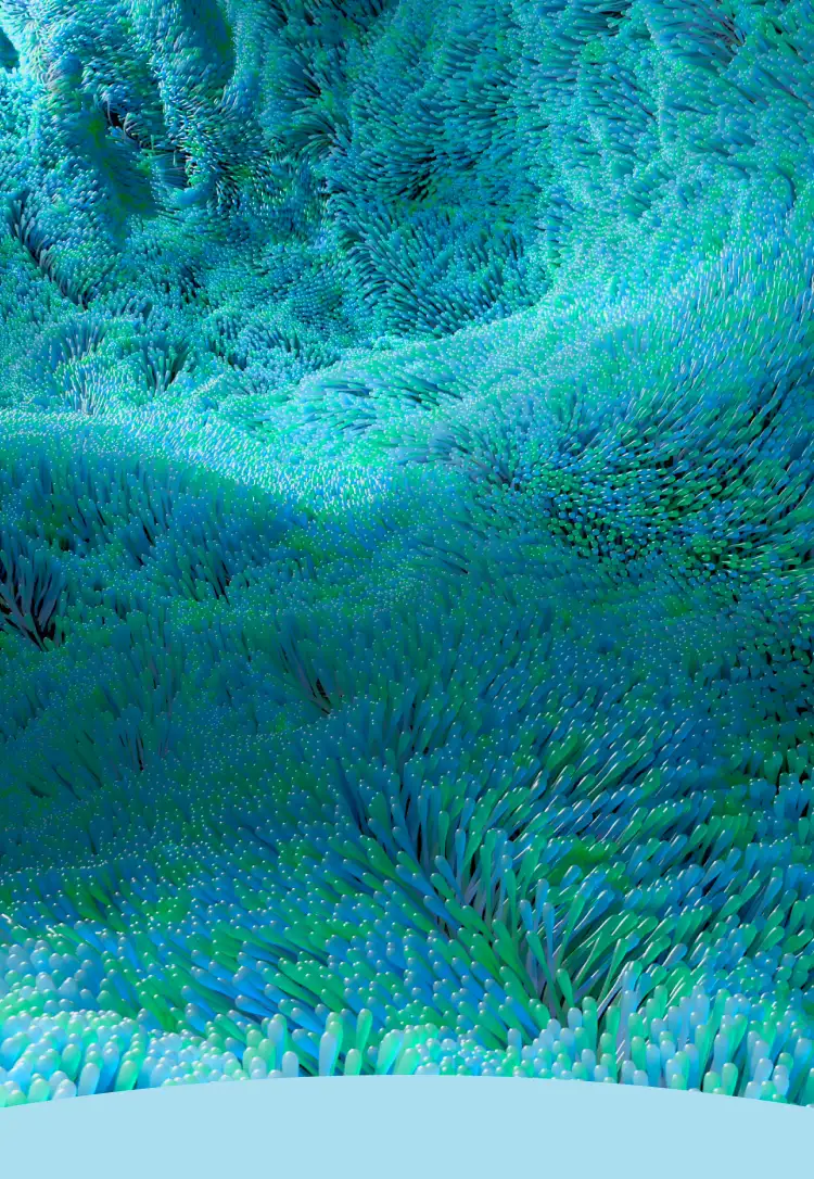 Textura orgânica abstrata em tons de azul e verde, parecendo micro-organismos ou campos subaquáticos.