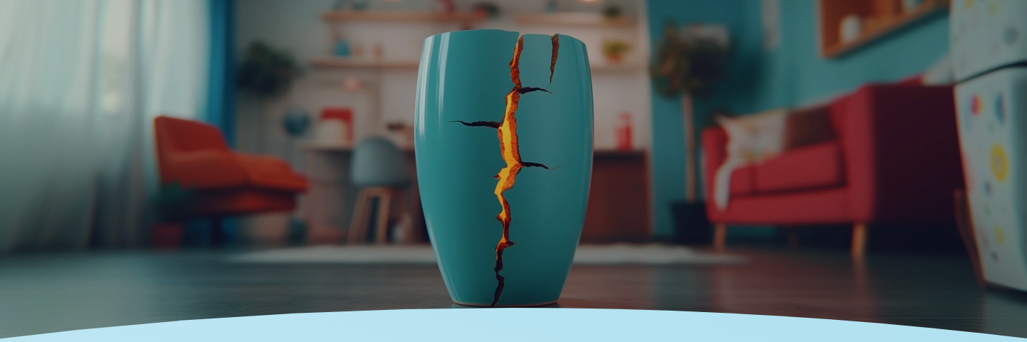 Vaso azul com uma grande fenda brilhante em uma sala de estar moderna.