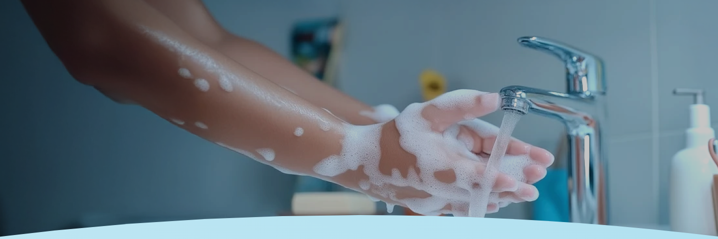 As mãos cobertas de sabão estão sendo enxaguadas sob a água corrente de uma torneira.